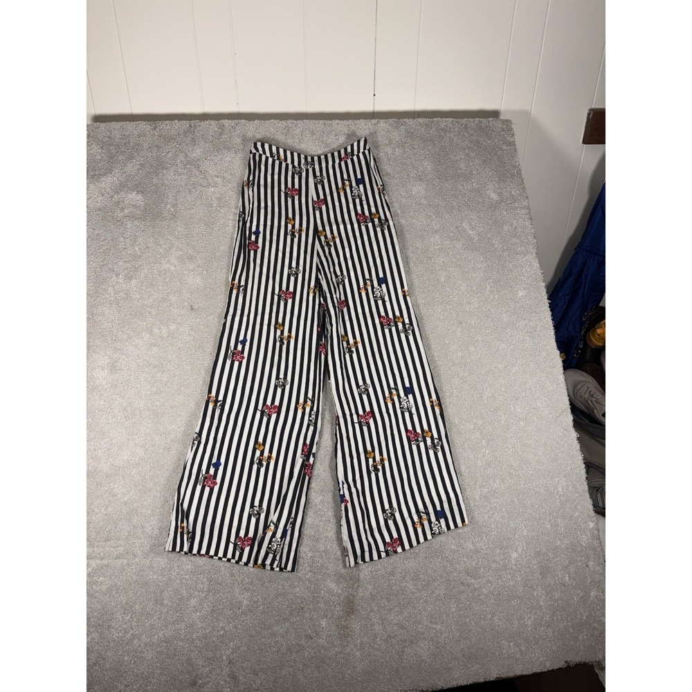 Lovers + Friends Black and White Striped Wide Leg Pants with Floral Accents